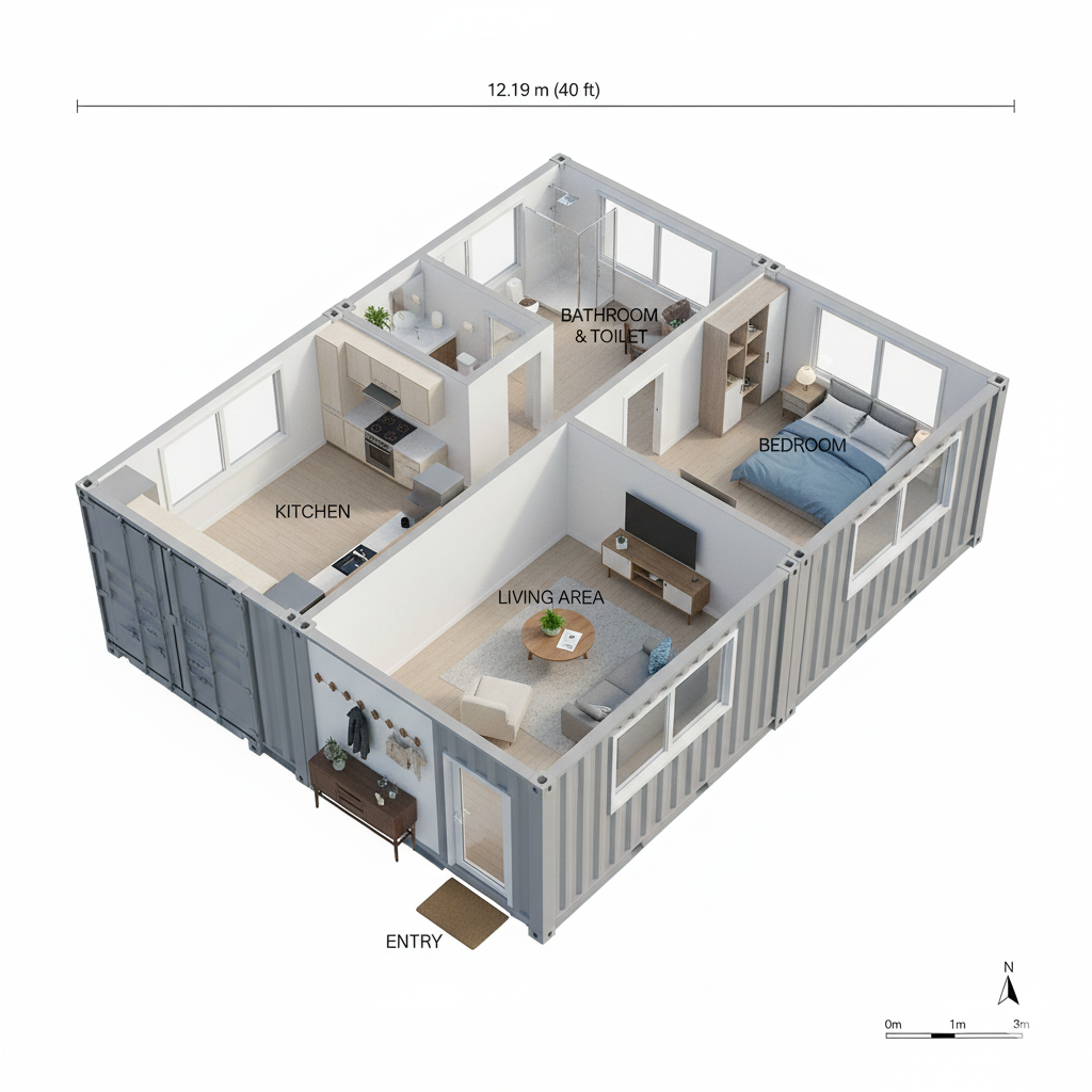Prefabricated Container House Model 14 (2 Combined Containers)